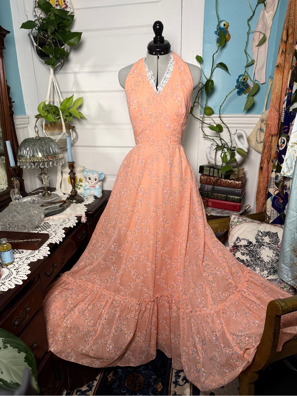 Handmade 1960s (?) XS Peach Halter Floral Maxi Dress